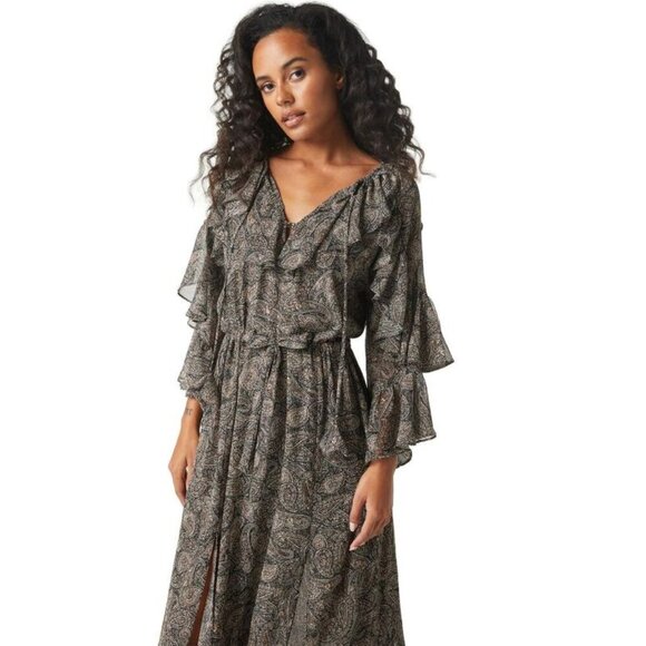 Misa Los Angeles “Donna” Paisley Shimmer & Ruffle Long-Sleeve Dress – XXS NWT! - Picture 2 of 14